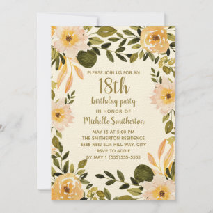 Gelbe Creme Blumengrün 18. Geburtstag Einladung