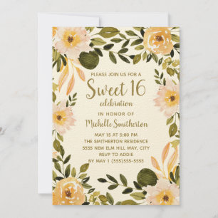 Gelbe Creme Blumengrün Süß 16 Einladung