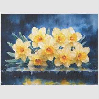 Gelbe Daffodien auf blauem Aquarell-Decoupage Seidenpapier
