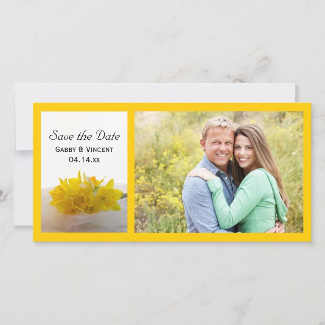 Gelbe Daffodien auf weißer Hochzeit speichern das  Save The Date (Vorderseite)