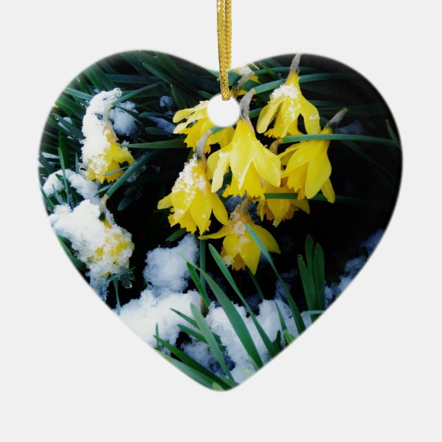 Gelbe Daffodien Blume im Schnee Keramikornament (Vorne)