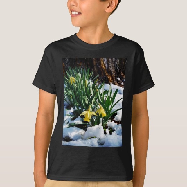 Gelbe Daffodien Blume im Schnee T-Shirt (Vorderseite)