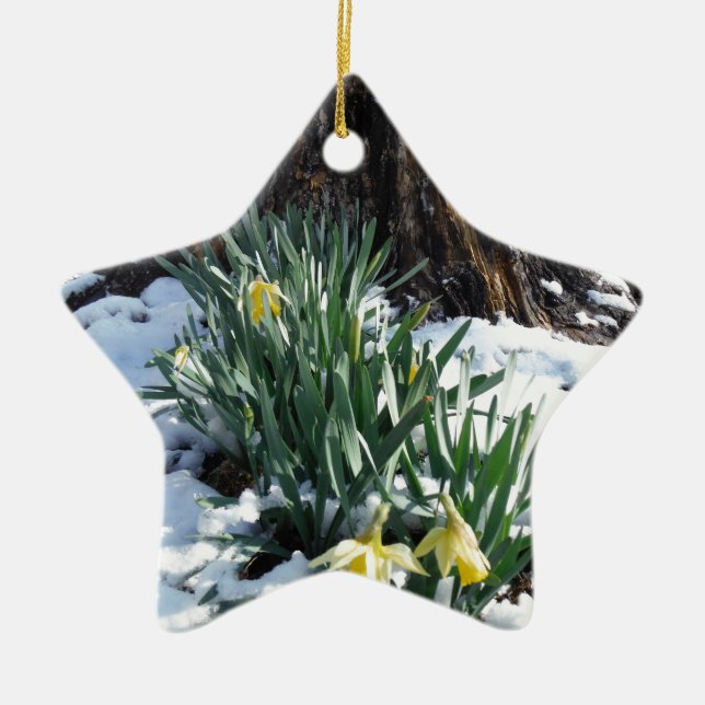 Gelbe Daffodien im Schnee Keramik Ornament (Vorne)
