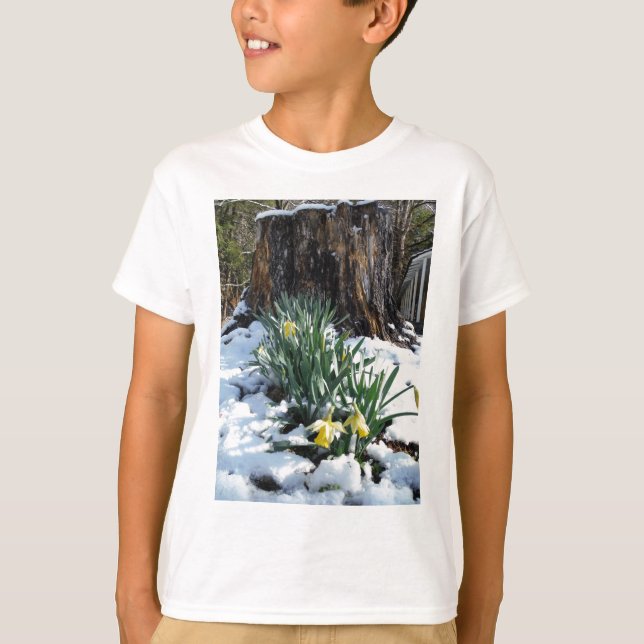 Gelbe Daffodien im Schnee T-Shirt (Vorderseite)