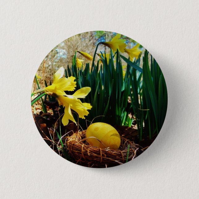 Gelbe Daffodien und ein Gelbes Osterei Button (Vorderseite)