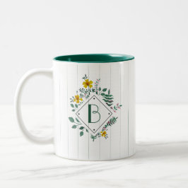 Gelbe Daffodil-Blätter Floral Stripe Monogramm Zweifarbige Tasse
