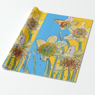 Gelbe Daffodil Blauer Frühling Blüten Wasserfarbe Geschenkpapier
