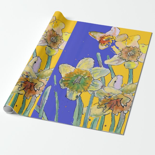 Gelbe Daffodil Blauer Frühling Blüten Wasserfarbe Geschenkpapier (Ungerollt)