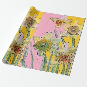 Gelbe Daffodil Rosa Frühlingsblumen Wasserfarbe Geschenkpapier