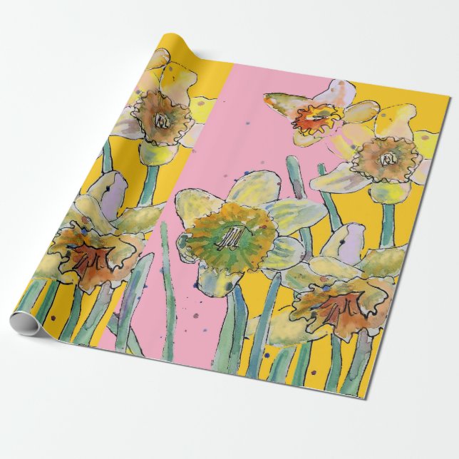 Gelbe Daffodil Rosa Frühlingsblumen Wasserfarbe Geschenkpapier (Ungerollt)