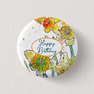 Gelbe Daffodin Affodin Blume Wasserfarbe Button