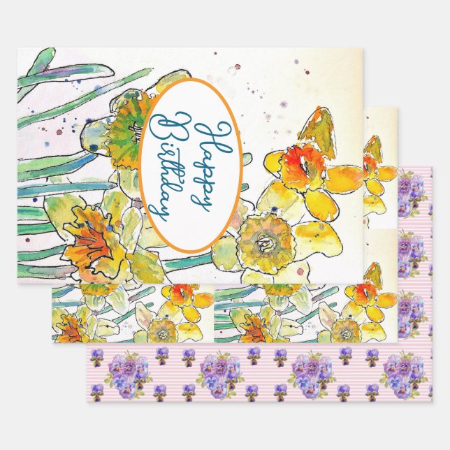 Gelbe Daffodin Affodin Blume Wasserfarbe Geschenkpapier Set (Set)
