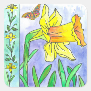 Gelbe Daffodische Aquarellfarben Blume Schmetterli Quadratischer Aufkleber