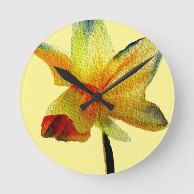 Gelbe Daffodische Aquarellkunst Frühlingskunst Blu Runde Wanduhr (Vorderseite)