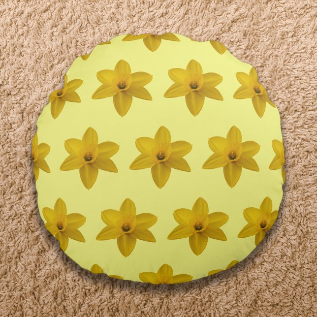 Gelbe Daffodische Blume Nahtloses Muster Rundes Kissen (Yellow Daffodil flower seamless pattern on round throw pillow)