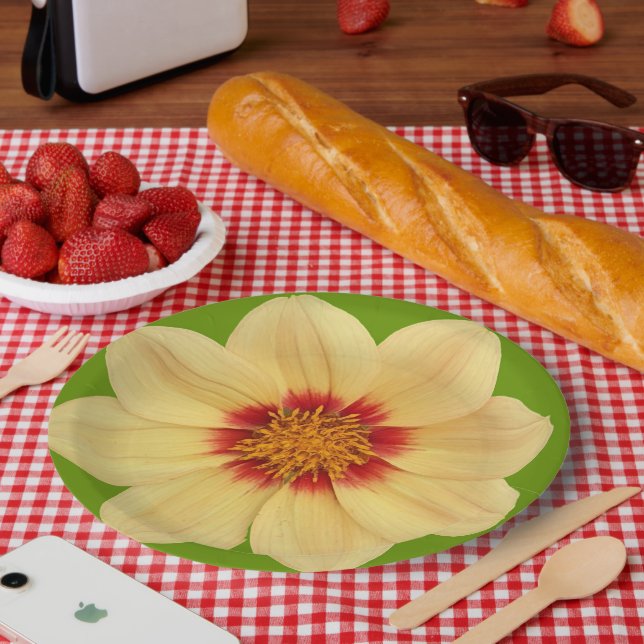 Gelbe Dahlia auf grüner Flora Pappteller (Picknick)