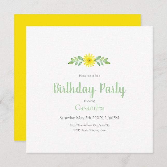 Gelbe Daisy-Wasserfarbe Einladung (Vorne/Hinten)