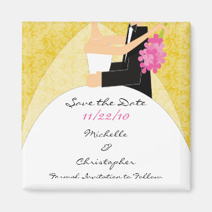Gelbe Damast-Braut u. Bräutigam-Save the Date Magnet