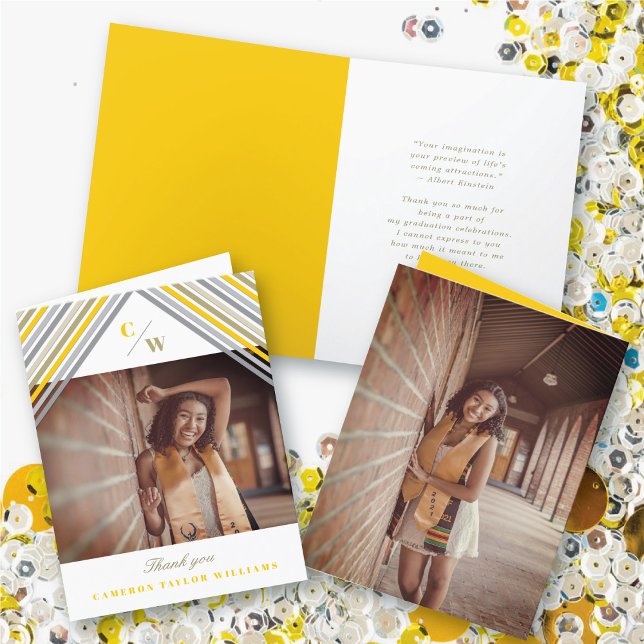 Gelbe Diagonalstreifen Foto Moderner Abschluss Dankeskarte (Yellow Diagonal Stripes Monogram, Photo Modern Graduation Thank You Card @ zazzle.com/color_therapy)