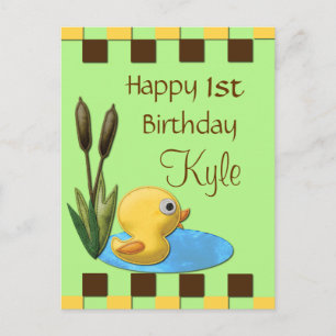 Gelbe Duckie, Teich & Kattails 1. Geburtstag Postkarte