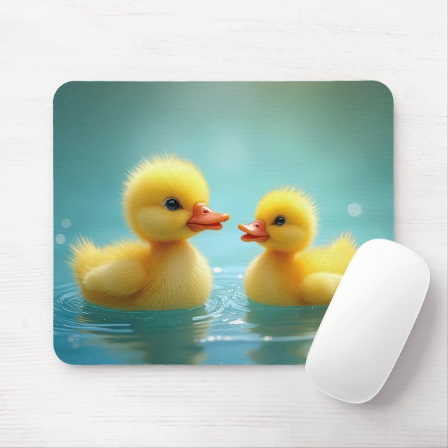 Gelbe Ducklings, die auf blauem Wasser schwimmen Mousepad (Mit Mouse)