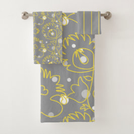 Gelbe durchgehende Linien auf grauem Hintergrund Badhandtuch Set