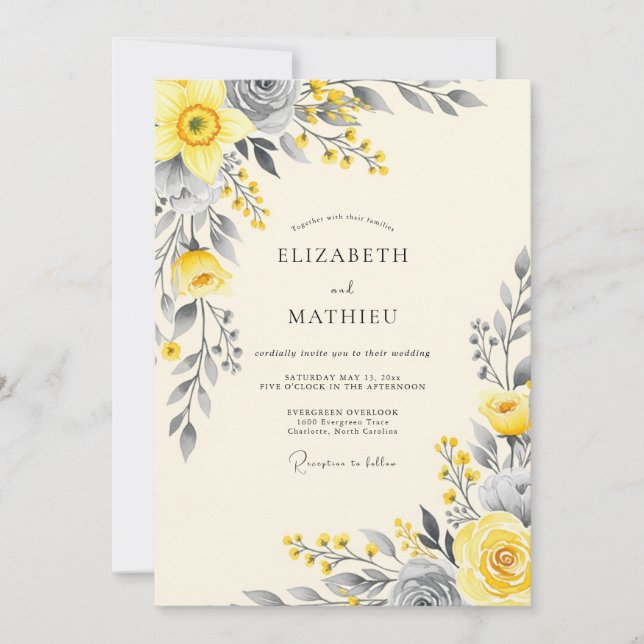 Gelbe elegante botanische Hochzeit Einladung (Vorderseite)