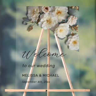 Gelbe Elfenbein-3D-Blumen Rosen Hochzeit Willkom Acrylschild