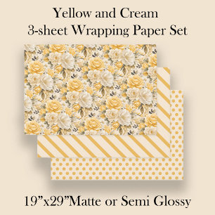 Gelbe Elfenbein-Creme-Wasserfarben-Blumenstreifen- Geschenkpapier Set