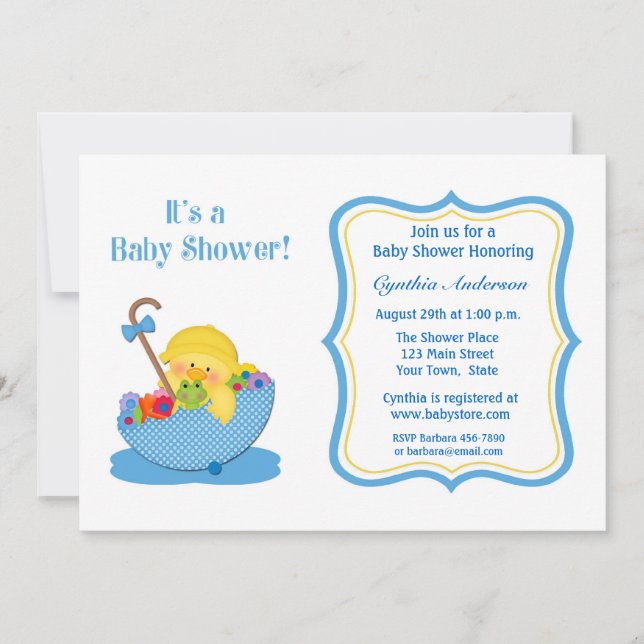 Gelbe Ente, blaue Regenschirm-Babyparty Einladung (Vorderseite)
