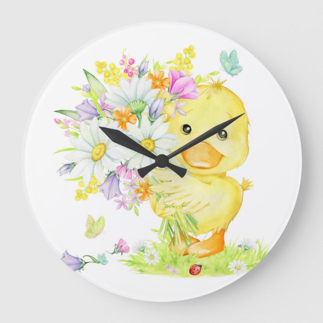 Gelbe Ente und Bouquet Große Wanduhr (Vorderseite)