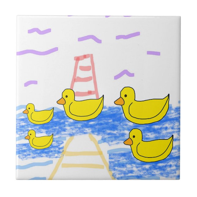 Gelbe Enten - Leuchtturm und Pier Keramik Tile Fliese (Vorderseite)