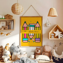 Gelbe Farbige Lehrerin Cartoon Bleistift-Poster