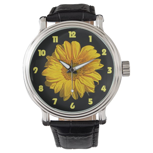 Gelbe Fettzahl der Sonnenblumen Armbanduhr (Vorderseite)