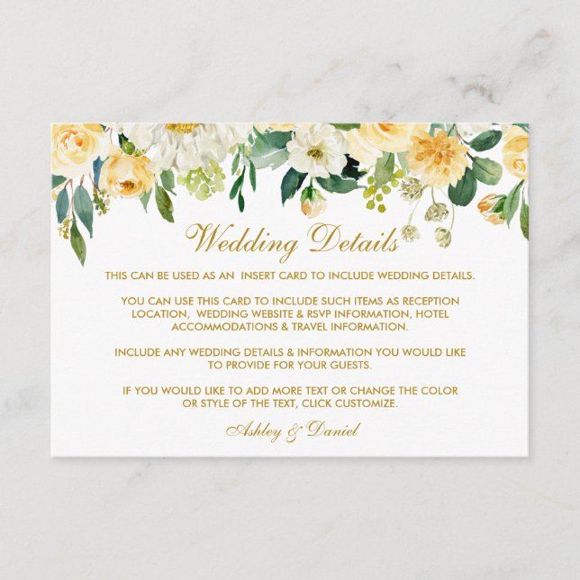 Gelbe florale Gold Hochzeitdetails Beipackkarte Begleitkarte (Vorderseite)