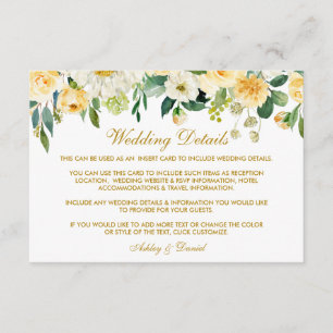 Gelbe florale Gold Hochzeitdetails Beipackkarte Begleitkarte