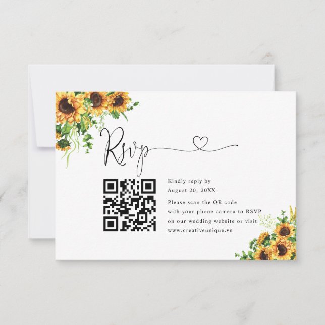 Gelbe Florale Hochzeits-Website QR-Code RSVP  Karte (Vorderseite)
