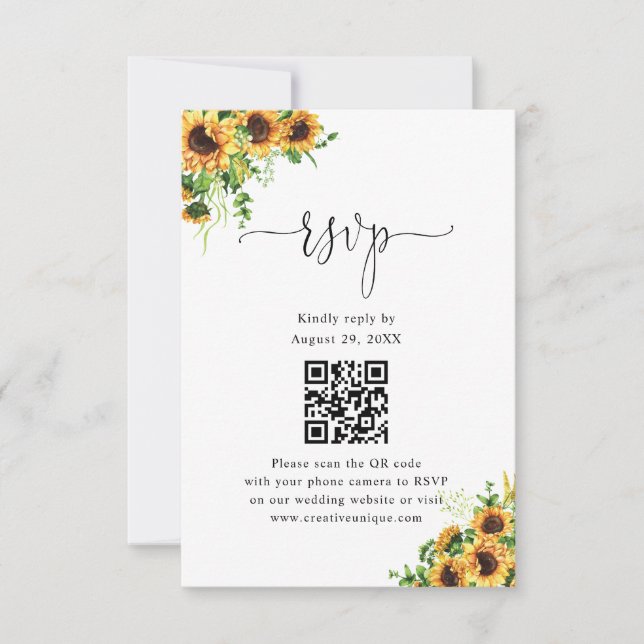 Gelbe Florale Hochzeits-Website QR-Code RSVP  Karte (Vorderseite)