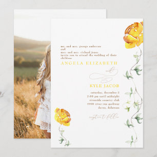 Gelbe Florale Hochzeitsfoto Paar Einladung