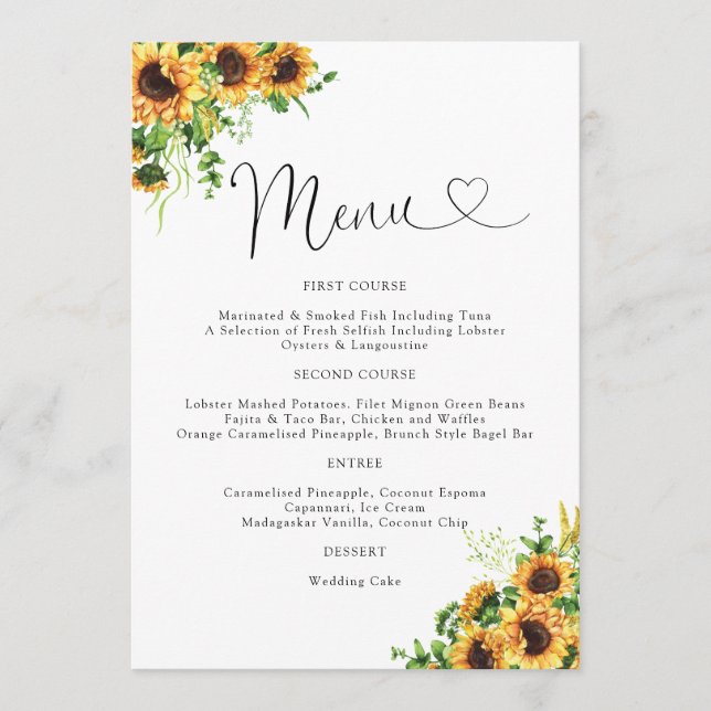 Gelbe Florale Hochzeitsmenü Menükarte (Vorderseite)