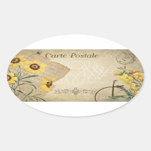 Gelbe florale Vintage-französische Postkarte Scrap Ovaler Aufkleber