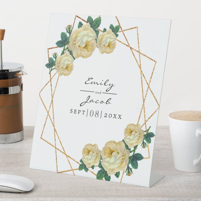 Gelbe florale Wed Eleganter Gold Glitzer Geometris Sockelschild (In Situ)