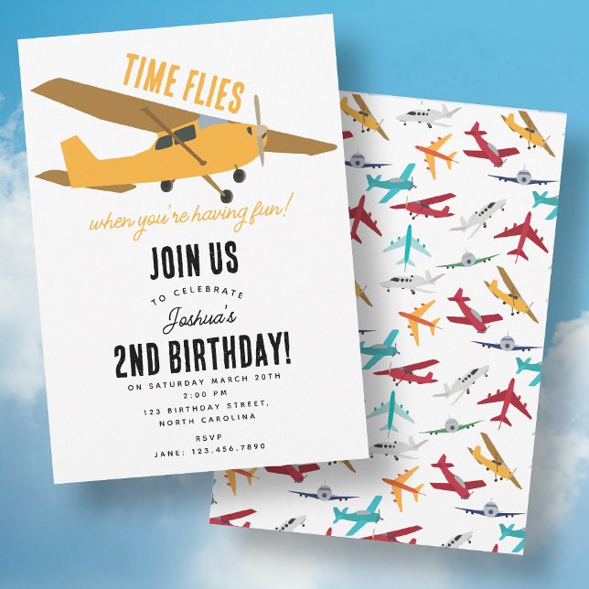 Gelbe Flugzeuge Kinder 1. Geburtstag Party Zeitfli Einladung (Yellow Airplane Kids 1st Birthday Party Time Flies Invitation)