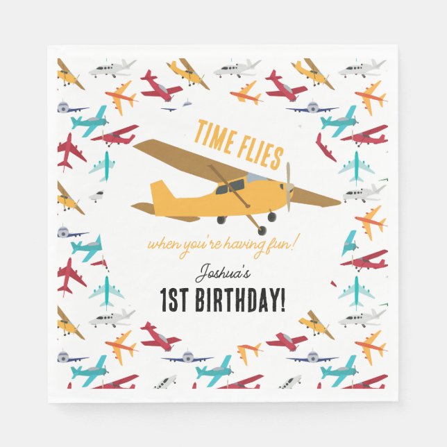 Gelbe Flugzeuge Kinder 1. Geburtstag Party Zeitfli Serviette (Vorderseite)