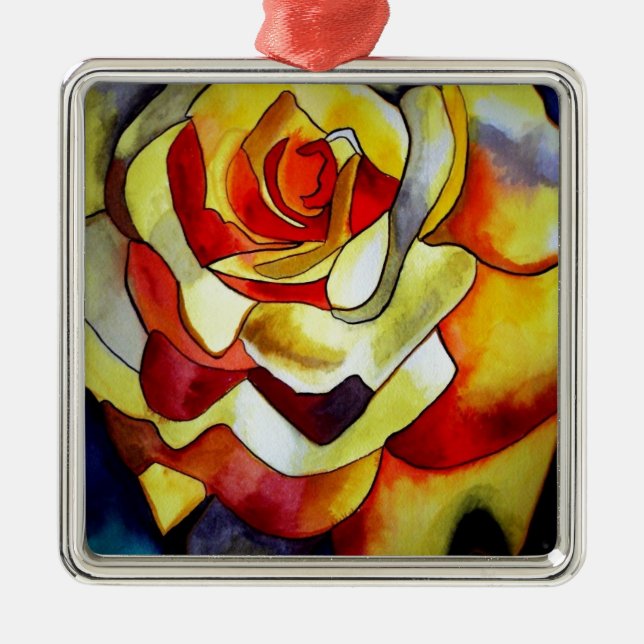 Gelbe Freesia Aquarellfarbe Original Blume Silbernes Ornament (Vorne)