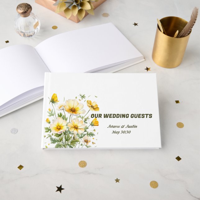 Gelbe Frühlingsblumen Hochzeit Gästebuch (Vorderseite Offen)