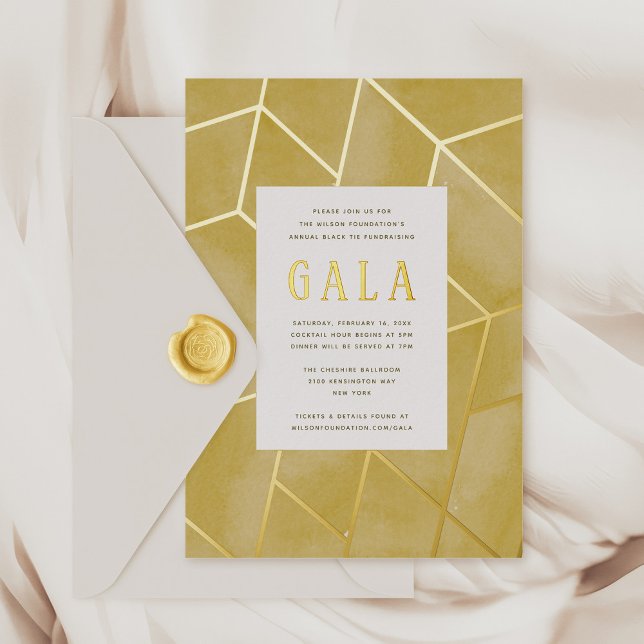 Gelbe geometrische Gala Goldene Foil Einladung (Golden yellow watercolor and gold foil Geometric Gala Invitation)