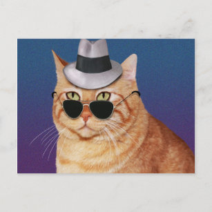 Gelbe gestreifte Katze mit Sonnenbrille und Hut Postkarte