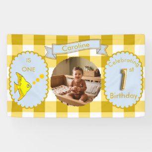 Gelbe Gingham 1. Geburtstags-Photo-Fisch-Party Banner