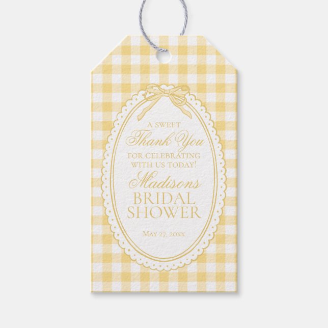 Gelbe Gingham Coquette Bogen Hochzeitsdusche Gesch Geschenkanhänger (Vorderseite)